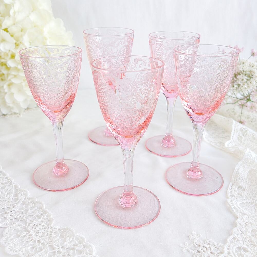 Rare 1929 Cambridge Glass Etched Pink Cordials Etch 740 Stem 3050 Set of 5